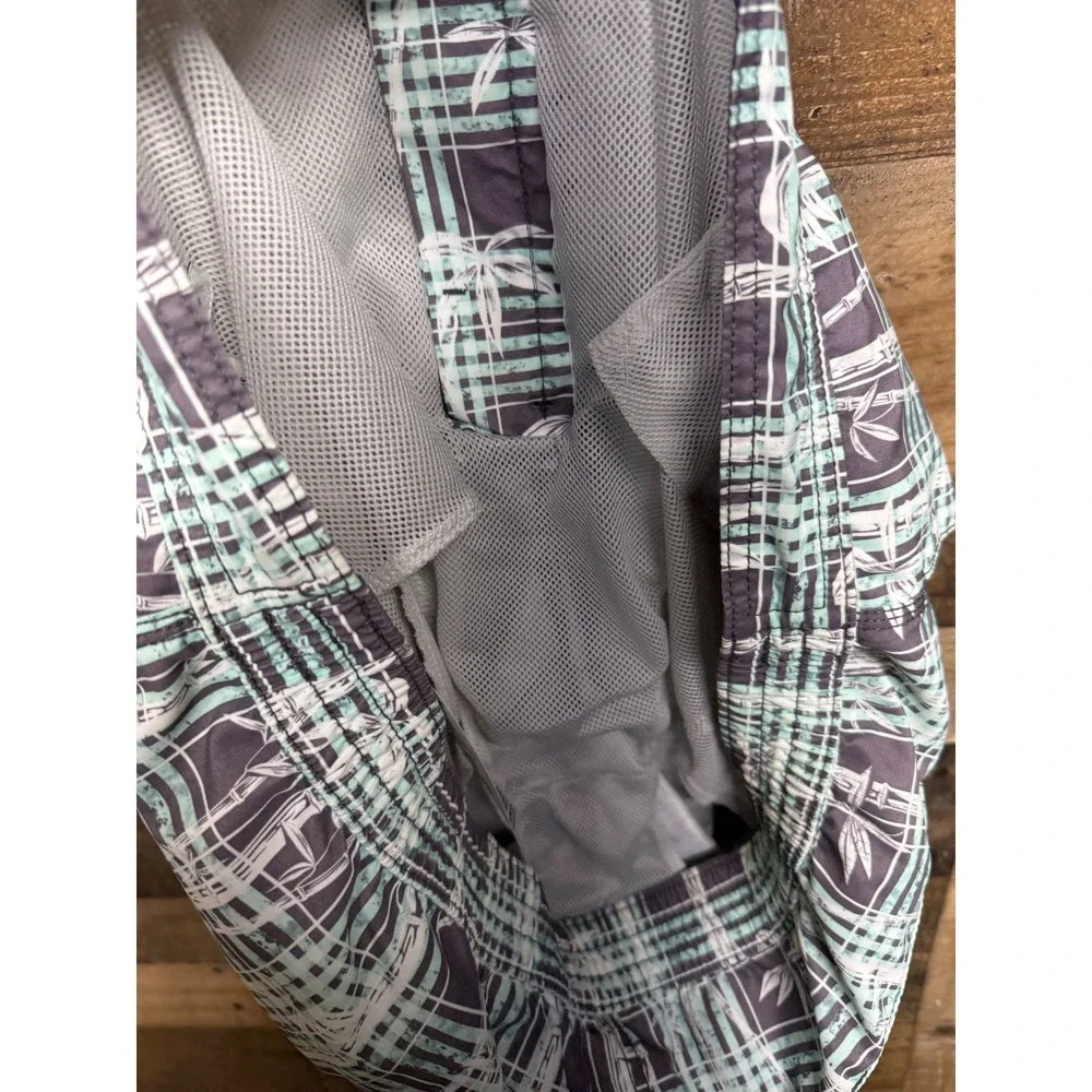 Tommy Bahama Mens‎ Plaid Bamboo Print Swim Trunks Grey Mint Green Board Shorts L